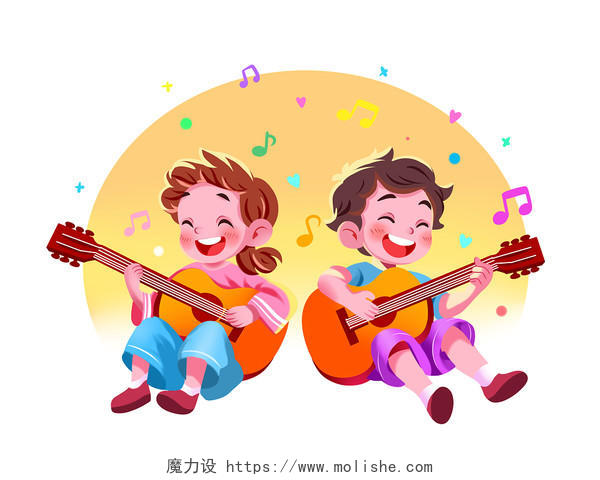 彩色卡通手绘小男孩小女孩弹吉他音乐原创插画素材